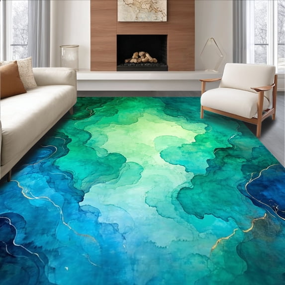 ODIKA 2'x3' Machine Washable Non-Slip Area Rug, Abstract Watercolor Swirl Artistic Accent High Traffic Rug, Green, 134804