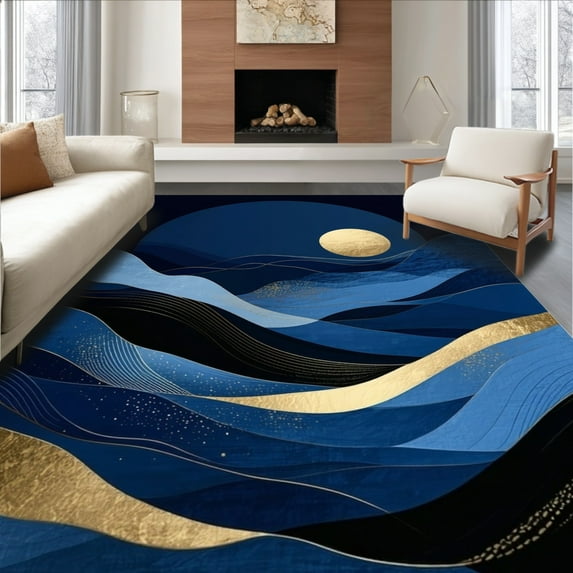 ODIKA 6'x9' Machine Washable Non-Slip Area Rug, Abstract Wave Featuring Bold Navy and Radiant Gold Highlights High Traffic Rug, Blue, 135872