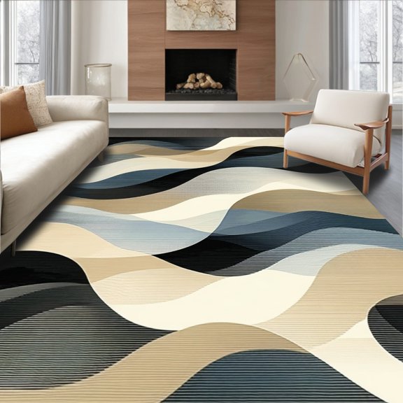 Flatwoven High Traffic Area Rug, Abstract Wave Stripe Runner with Fluid Curved Bands, Non Slip, Stain Resistant, Washable Area Rugs for Living Room, Bedroom(Beige, 2X3)
