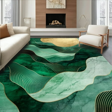 ODIKA 4'x6' Machine Washable Non-Slip Area Rug, Abstract Waves High Traffic Rug, Green, 72772
