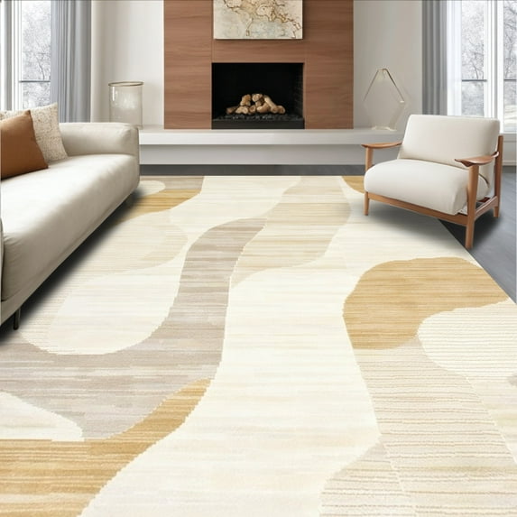 ODIKA 4'x6' Machine Washable Non-Slip Area Rug, Abstract Waves Oval High Traffic Rug, Beige, 157684