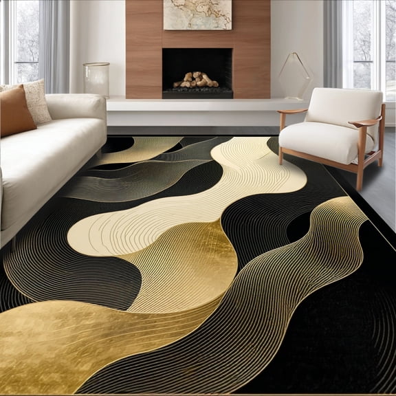 ODIKA 6'x9' Machine Washable Non-Slip Area Rug, Abstract Waves Indoor Contemporary Floor Cover High Traffic Rug, Gold, 127390