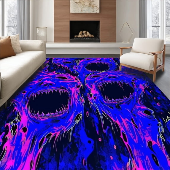 ODIKA 4'x6' Machine Washable Non-Slip Area Rug, Abstract Wavy Expressionist with Surreal Faces and Jagged Shapes Motif High Traffic Rug, Blue, 196282