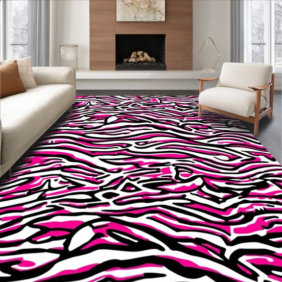 ODIKA 6' Machine Washable Non-Slip Area Rug, Abstract Zebra Print Bold Stripes High Traffic Rug, Pink, 311954