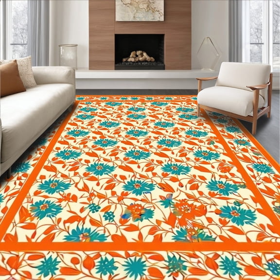 ODIKA 4'x6' Machine Washable Non-Slip Area Rug, Accent Featuring a Vibrant Orange Botanical Design High Traffic Rug, Beige, 81492