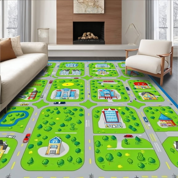 ODIKA 5'x7' Machine Washable Non-Slip Area Rug, Adventure City Play Non Slip Roadway Fun for High Traffic Rug, Blue, 84361