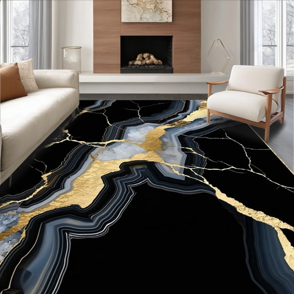 ODIKA 6'x9' Machine Washable Non-Slip Area Rug, Agate Style Gold Vein Modern Marble Look Entry Porch High Traffic Rug, Black, 100929