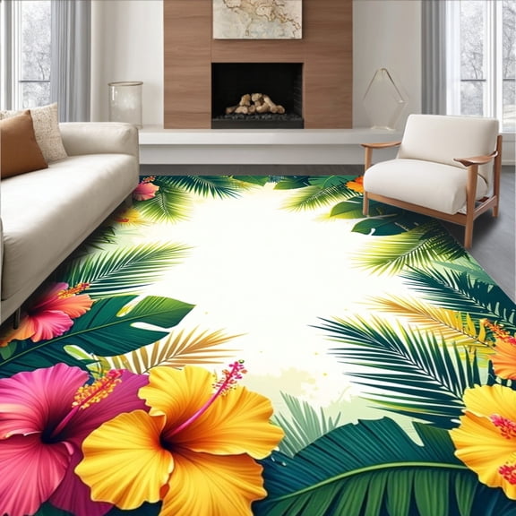 ODIKA 4'x6' Machine Washable Non-Slip Area Rug, Botanical Floral Green High Traffic Rug, Yellow, 259145