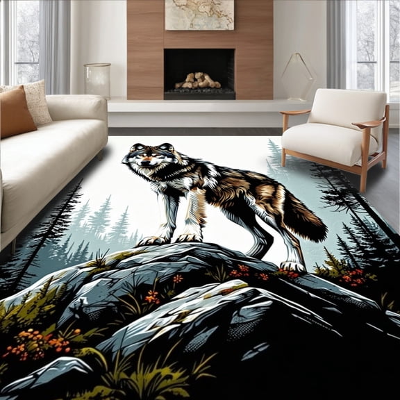 Flatwoven High Traffic Area Rug, Alpha Wolf Grey Wilderness Rug Mountain Animal Den Accent Carpet, Non Slip, Stain Resistant, Washable Area Rugs for Living Room, Bedroom(Gray, 2X3)