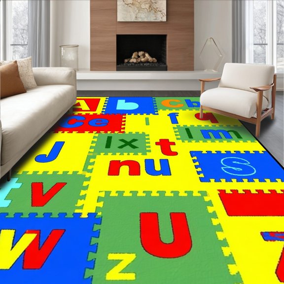 ODIKA 4'x6' Machine Washable Non-Slip Area Rug, Alphabet Adventure Classroom High Traffic Rug, Red, 84017