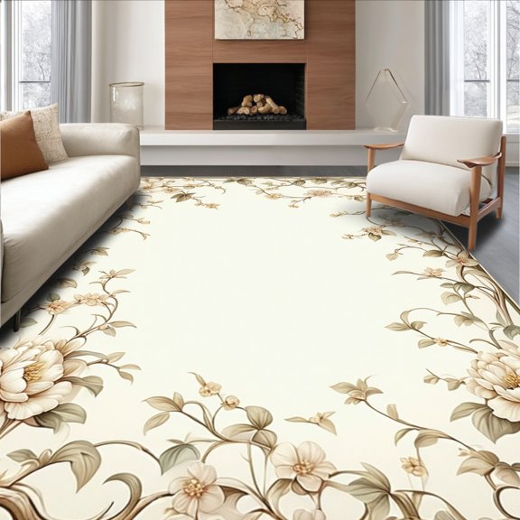 Flatwoven High Traffic Area Rug, Amanda Floral Scrollwork with Vintage Botanical Vine, Non Slip, Stain Resistant, Washable Area Rugs for Living Room, Bedroom(Ivory, 2X3)