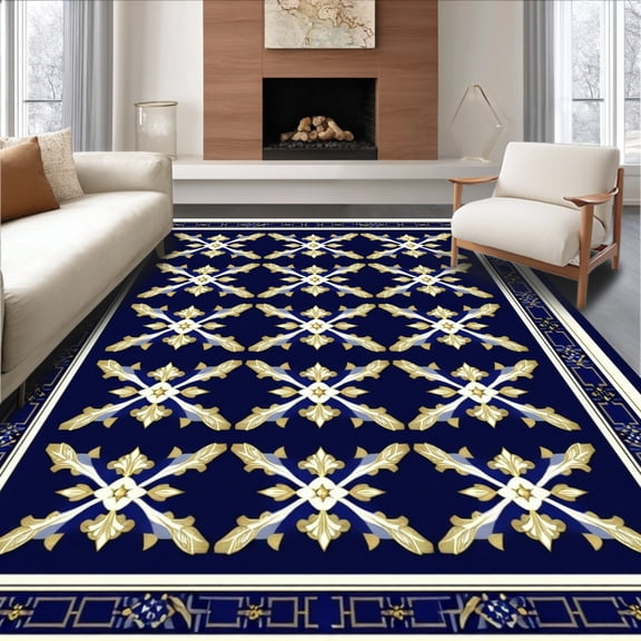 ODIKA 8'x10' Machine Washable Non-Slip Area Rug, Ancient Key Border Patterned High Traffic Rug, Navy, 164600