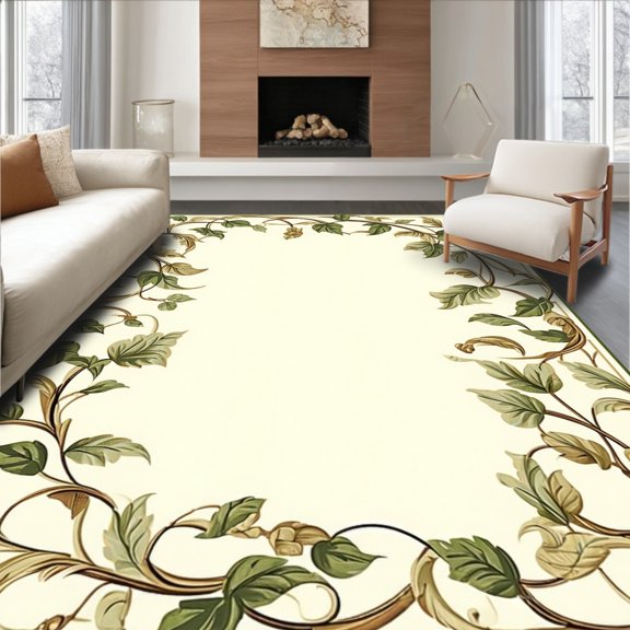 Flatwoven High Traffic Area Rug, Antique Botanical Scroll Featuring Detailed Leaf Motifs and Ornamental Frame, Non Slip, Stain Resistant, Washable Area Rugs for Living Room, Bedroom(Green, 5X7)