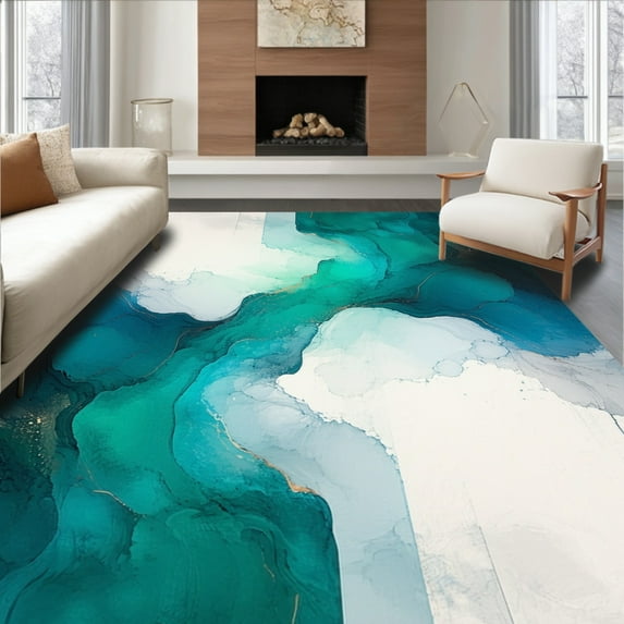 ODIKA 2'x3' Machine Washable Non-Slip Area Rug, Serenity Contemporary Strokes Teal & Grey Accent High Traffic Rug, Blue, 109306