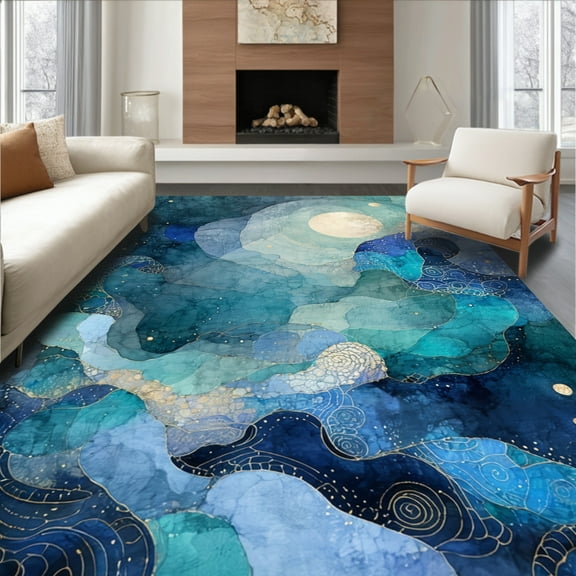 Flatwoven High Traffic Area Rug, Aquatic Tentacle Art Sea Explorer Nautical Room Decor, Non Slip, Stain Resistant, Washable Area Rugs for Living Room, Bedroom(Blue, 8X10)