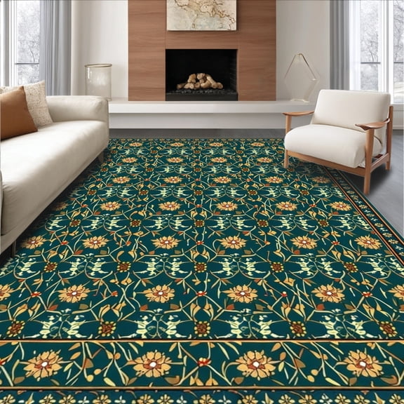 Flatwoven High Traffic Area Rug, Archaic Octant Design Duchess Botanical Pursuit, Non Slip, Stain Resistant, Washable Area Rugs for Living Room, Bedroom(Teal, 2X3)