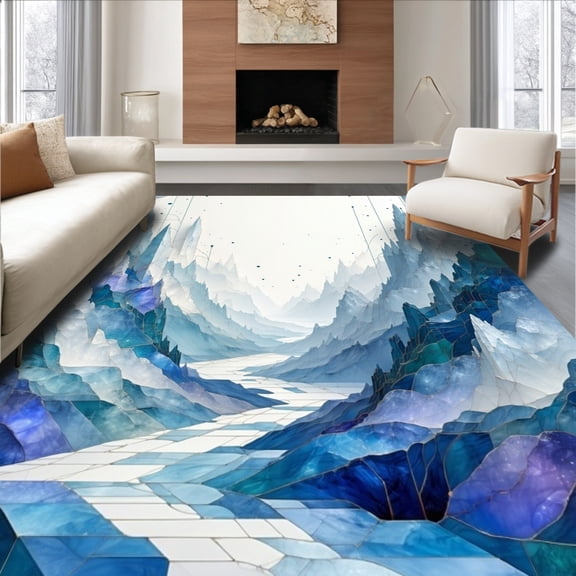 ODIKA 4'x6' Machine Washable Non-Slip Area Rug, Arctic Wind Faux Fur Accent High Traffic Rug, Blue, 134094