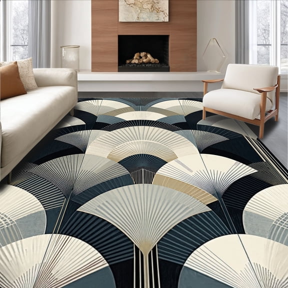 Flatwoven High Traffic Area Rug, Art Deco Fan Motif Floor Accent Bold Architectural Geometric Design, Non Slip, Stain Resistant, Washable Area Rugs for Living Room, Bedroom(Gray, 4X6)