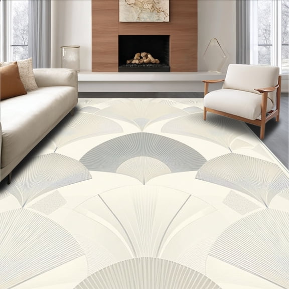 Flatwoven High Traffic Area Rug, Art Deco Fan Motif with Radiating Lines and Subtle Diamond Highlights, Non Slip, Stain Resistant, Washable Area Rugs for Living Room, Bedroom(Beige, 2X3)