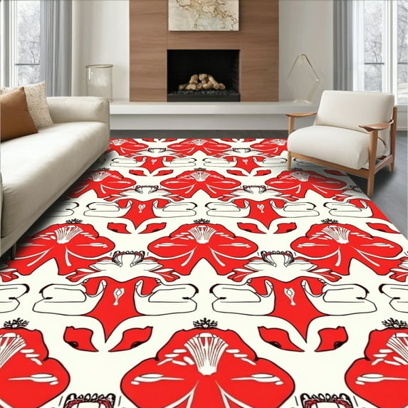 ODIKA 6' Machine Washable Non-Slip Area Rug, Art Fanfare Retro Revival Design High Traffic Rug, Red, 289128
