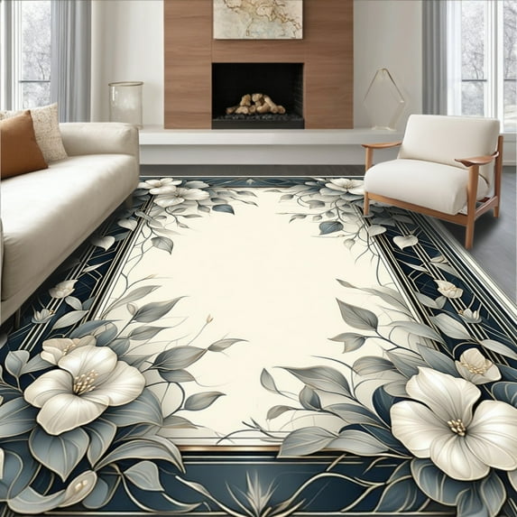 Flatwoven High Traffic Area Rug, Art Deco Floral Medallion Arrangement with Radiant Leaf Forms, Non Slip, Stain Resistant, Washable Area Rugs for Living Room, Bedroom(Ivory, 3X5)