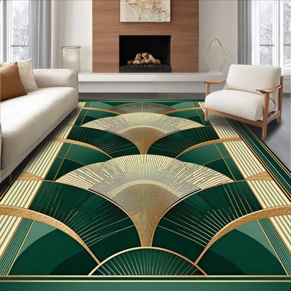 ODIKA 2'x3' Machine Washable Non-Slip Area Rug, Art Inspired Fan Entryway High Traffic Rug, Green, 148872