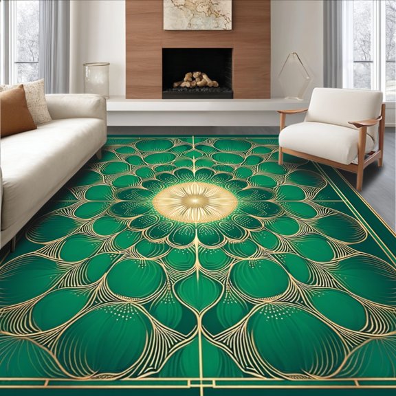 ODIKA 4'x6' Machine Washable Non-Slip Area Rug, Art Inspired Fan for Small Spaces High Traffic Rug, Green, 148936