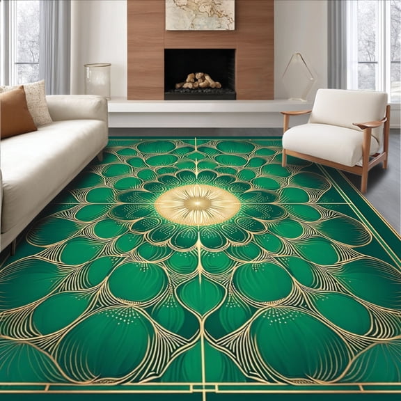 ODIKA 8'x10' Machine Washable Non-Slip Area Rug, Art Inspired Fan for Small Spaces High Traffic Rug, Green, 148936