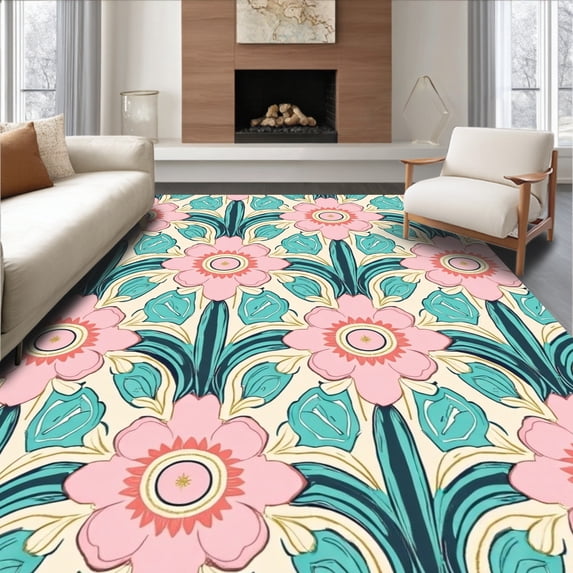 ODIKA 2'x3' Machine Washable Non-Slip Area Rug, Art Inspired Floral with Stylized Botanical High Traffic Rug, Pink, 294227