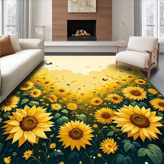 ODIKA 3'x5' Machine Washable Non-Slip Area Rug, Art Inspired Garden Theme High Traffic Rug, Yellow, 12726