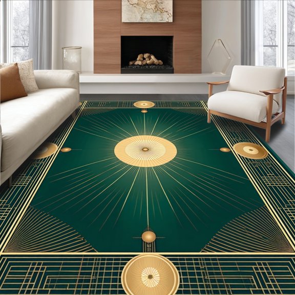 Flatwoven High Traffic Area Rug, Art Deco Inspired Rug with Fan Motifs and Radiating Geometric, Non Slip, Stain Resistant, Washable Area Rugs for Living Room, Bedroom(Gold, 3X5)