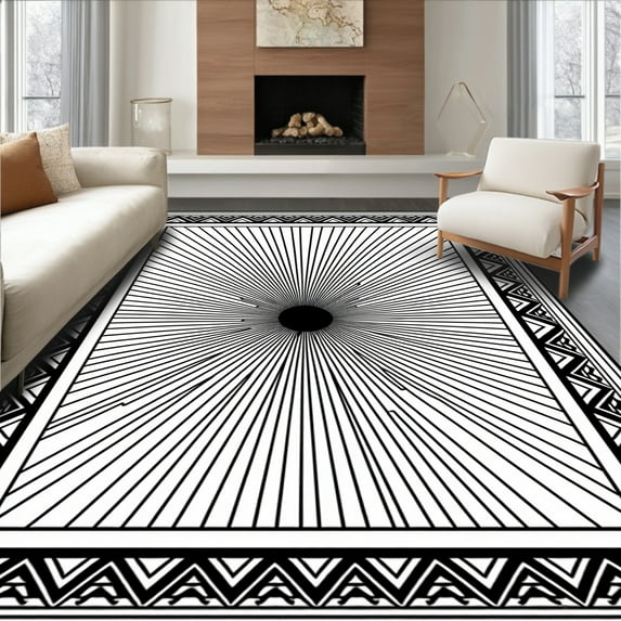 Flatwoven High Traffic Area Rug, Art Deco Inspired Sunburst Radial Design, Non Slip, Stain Resistant, Washable Area Rugs for Living Room, Bedroom(Black, 8X10)