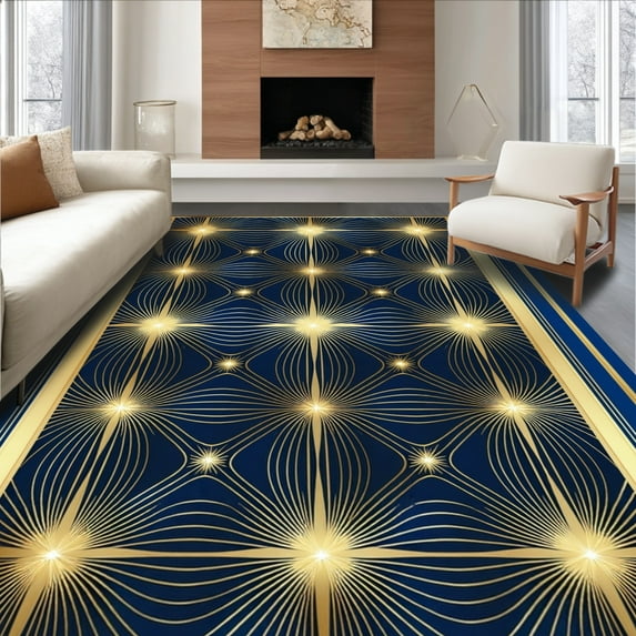 ODIKA 4'x6' Machine Washable Non-Slip Area Rug, Art with Interlocking Geometric Lines and Fan Motifs High Traffic Rug, Gold, 135866