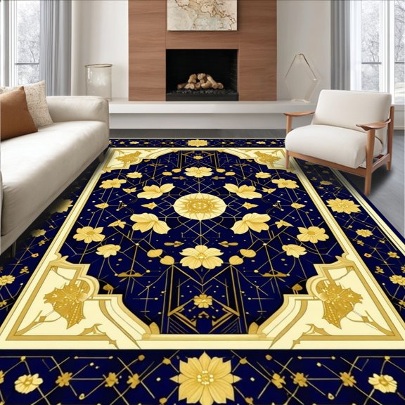 Flatwoven High Traffic Area Rug, Art Deco Revival Modern Retro Chic Interior, Non Slip, Stain Resistant, Washable Area Rugs for Living Room, Bedroom(Gold, 2X3)