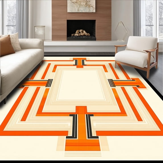 ODIKA 5'x7' Machine Washable Non-Slip Area Rug, Art Style with Bold Geometric Shapes and Classic Appeal High Traffic Rug, Beige, 217353