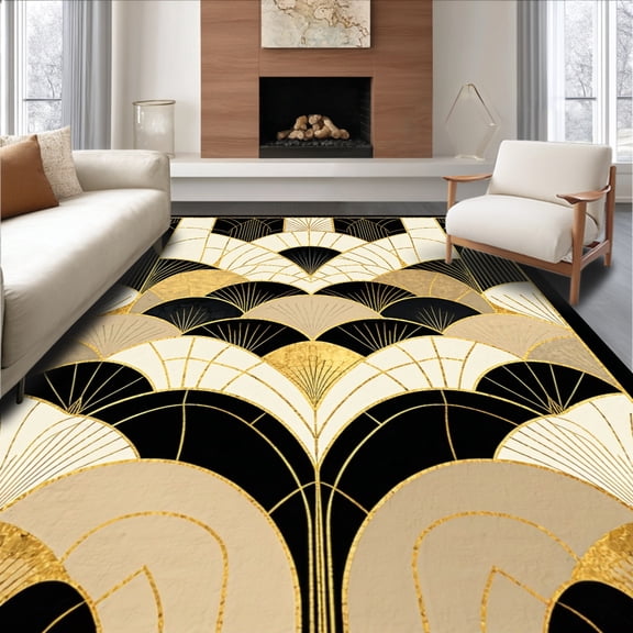 ODIKA 5'x7' Machine Washable Non-Slip Area Rug, Art Style Geometric Fan Design High Traffic Rug, Gold, 143731