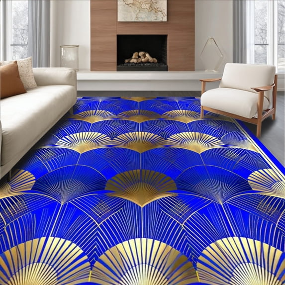 ODIKA 8'x10' Machine Washable Non-Slip Area Rug, Art Geometric Gold Fan High Traffic Rug, Blue, 92018