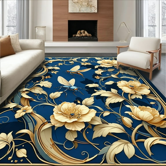 ODIKA 2'x3' Machine Washable Non-Slip Area Rug, Art Nouveau Floral Scroll Ornate Vine and Insect Design High Traffic Rug, Gold, 157009