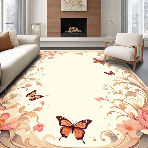 Flatwoven High Traffic Area Rug, Art Nouveau Floral Scrolls with Graceful Butterfly Silhouettes, Non Slip, Stain Resistant, Washable Area Rugs for Living Room, Bedroom(Beige, 2X3)