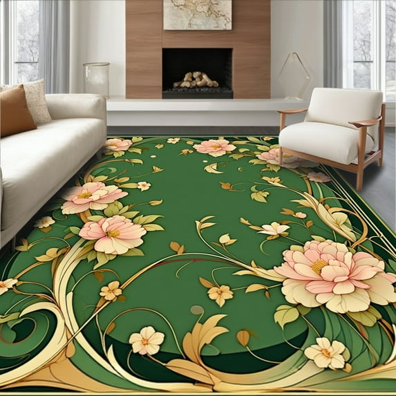 Flatwoven High Traffic Area Rug, Art Nouveau Inspired Floral Scroll With Whimsical Foliage, Non Slip, Stain Resistant, Washable Area Rugs for Living Room, Bedroom(Green, 4X6)