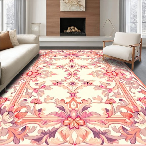 ODIKA 4'x6' Machine Washable Non-Slip Area Rug, Art Nouveau Inspired Scrollwork With Curvilinear Floral Motifs High Traffic Rug, Pink, 222713