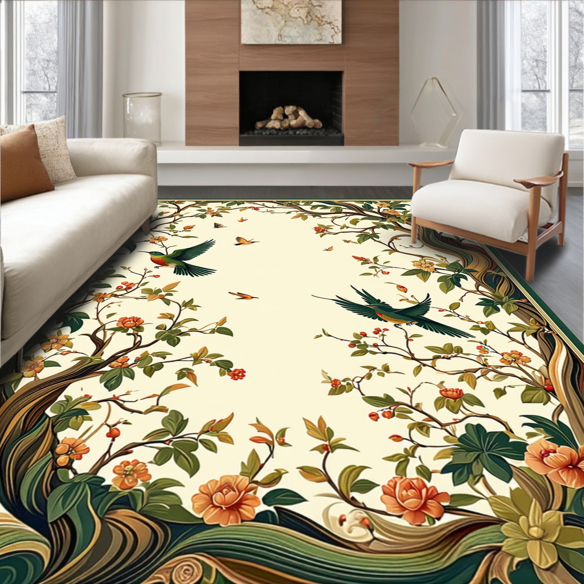 Flatwoven High Traffic Area Rug, Art Nouveau Inspired Stylized Bird and ...