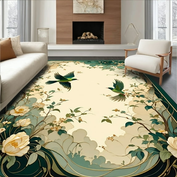 Flatwoven High Traffic Area Rug, Art Nouveau Style with Flowing Floral and Bird Elements, Non Slip, Stain Resistant, Washable Area Rugs for Living Room, Bedroom(Green, 6X9)