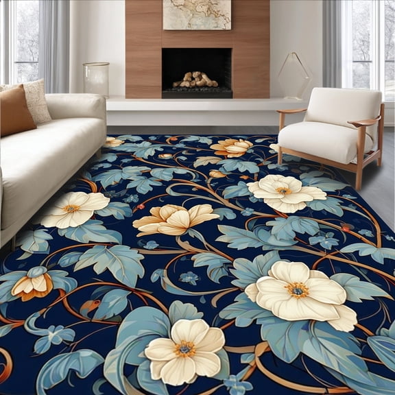 ODIKA 4'x6' Machine Washable Non-Slip Area Rug, Art Nouveau Vine and Bloom Distressed High Traffic Rug, Blue, 137905