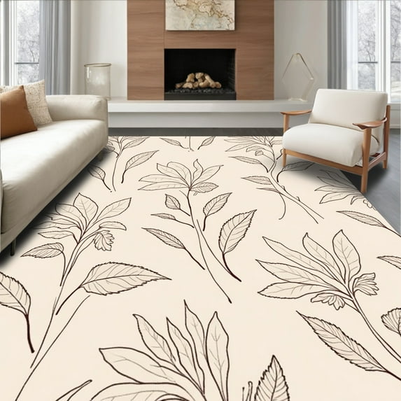 ODIKA 2'x3' Machine Washable Non-Slip Area Rug, Artful Botanical Design Featuring Flowing Vines and Petals High Traffic Rug, Beige, 297853