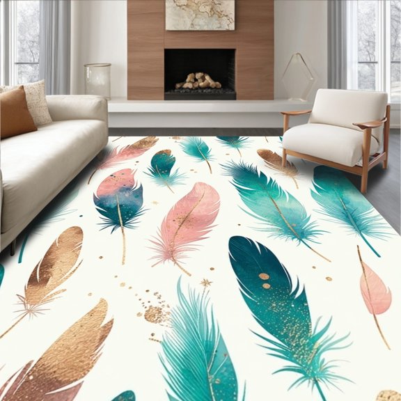ODIKA 5'x7' Machine Washable Non-Slip Area Rug, Artisan Feather Dreamscape Whimsical Doodle Design High Traffic Rug, Teal, 197342