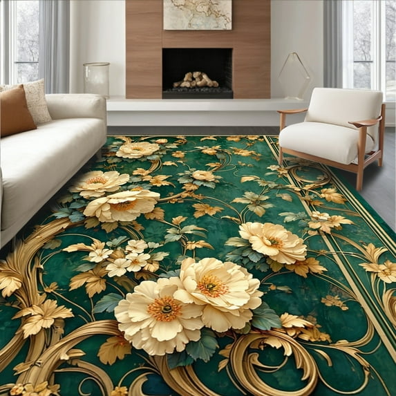 ODIKA 8'x10' Machine Washable Non-Slip Area Rug, Artisan Green Garden Featuring Vintage Inspired Blossom Scrollwork High Traffic Rug, Green, 94198