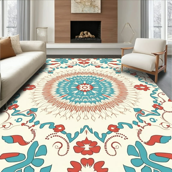 Flatwoven High Traffic Area Rug, Artisan Inspired Interlocking with Stylized Wild Blooms, Non Slip, Stain Resistant, Washable Area Rugs for Living Room, Bedroom(Red, 4X6)