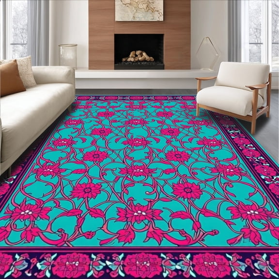 Flatwoven High Traffic Area Rug, Artisan Latticework Medallion Motif with Curvilinear Vines and Stylized Petals, Non Slip, Stain Resistant, Washable Area Rugs for Living Room, Bedroom(Turquoise, 2X3)