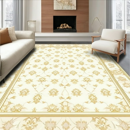 ODIKA 2'x3' Machine Washable Non-Slip Area Rug, Artisan Oval Damask Highlighting Ornate Flourishes and Leafy Scrolls High Traffic Rug, Beige, 130151